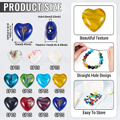 ミルフィオリガラスビーズ連売り66色11本  ハート  ミックスカラー  11.5~12x12x6.5~7mm  穴：0.8mm  6個/カラー&nbsp;GLAA-TA0012-35