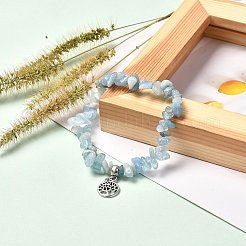 男性、女性、女の子へのギフト用の天然アクアマリンビーズストレッチブレスレットセット  生命の木チベットスタイルの合金チャームブレスレット  内径：2-1/8インチ（5.5cm）  ビーズ：2~10x4~10mm  3個/セット&nbsp;BJEW-JB06709