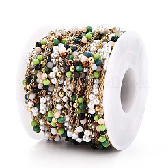 304ステンレススチール製フラワーアズキチェーン  ガラスとABSプラスチックの模造真珠ビーズ付き  18KGP本金メッキ  ハンダ付け  スプールで  イオンプレーティング（ip）  グリーン  8x9~9.5x3mm  約32.81フィート（10m）/ロール&nbsp;CHS-N005-02C-G