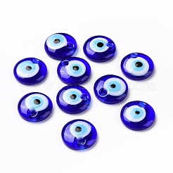 手作りナザールボンジュウランプワークペンダント  フラットラウンド  ブルー  15x4mm  穴：2.8mm&nbsp;LAMP-E106-02G