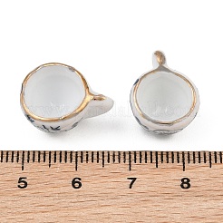 手作りの磁器のペンダント  印刷  花柄のチャームが付いたティーカップ  ブルー  9~10x12.5~13x17~18mm  穴：2mm&nbsp;PR-CBAF5A8-02A