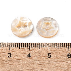 彫刻された花の天然貝ボタン  2穴フラットラウンド  貝殻色  11.5x2mm  穴：1.5mm&nbsp;SH-CBA18B6-03