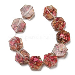 天然の染色されたインペリアルジャスパーと樹脂ビーズの連売り  六角  サクランボ色  18x16x6mm  穴：1.5mm  約10個/連  6.93インチ（17.6cm）&nbsp;G-G083-D03-01