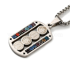 201 Stainless Steel Colorful Rhinestone Rectangle with Saint Benedict Medal Pendant Necklaces&nbsp;NJEW-G115-03P