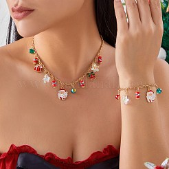 クリスマス合金、ガラス、プラスチック、ポリマー粘土ペンダントネックレスとチャームブレスレットセット  ゴールドカラー  サンタクロース  サンタクロース  ネックレス：14.96インチ（38cm）&nbsp;FS-WG7A63D-02