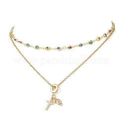 Brass Pave Clear Cubic Zirconia Cross Heart Evil Eye Pendant Handmade Evil Eye Lampwork 304 Stainless Steel Chain Double Layer Necklaces for Women&nbsp;NJEW-JN05398-03