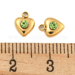304ステンレスペンダント  ラインストーン付き  ハートチャーム  14KGP本金メッキ  ペリドット  7x6x2.5mm  穴：1.2mm&nbsp;STAS-L080-008G-02