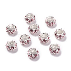 合金ラインストーンのヨーロッパのビーズ  大穴ビーズ  ロンデル  銀色のメッキ  ライトローズ  11x6mm  穴：5mm&nbsp;CPDL-H999-22-1