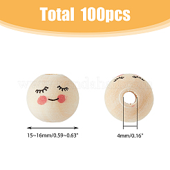 天然木ヨーロピアンビーズ100個  笑顔プリント大穴ビーズ  ラウンド  古いレース  15~16mm  穴：4mm&nbsp;WOOD-DC0001-09