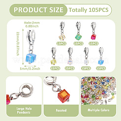 105 個 7 色電気メッキ透明ガラスチャーム  キューブ  合金ループ付き  多面カット  ミックスカラー  22x5mm  穴：2mm  15個/カラー&nbsp;PALLOY-TAC0231