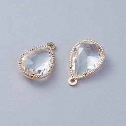 ガラスチャーム  環境に優しい合金のオープンバックベルゼルのパーツ  多面カット  ティアドロップ  ライトゴールド  透明  18x12x5mm  穴：1.4mm&nbsp;GLAA-A037-G-16KC