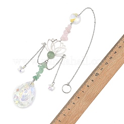 304 Stainless Steel Lotus & Glass Teardrop Suncatcher with Natural Rose Quartz & Green Aventurine Chips&nbsp;HJEW-JM05007