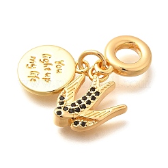 Brass Cubic Zirconia Flat Round & Swallow European Dangle Charms&nbsp;KK-U048-19G