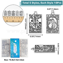 50個5スタイル亜鉛合金ペンダント  アンティークシルバー  タロット カード 模様の四角形  ステンレス鋼色  23x14x1.5mm  穴：1.8mm  10個/スタイル&nbsp;FIND-DC0001-45