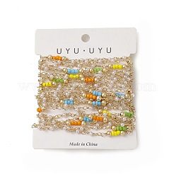 手作りのプラスチックとガラスのラウンドビーズチェーン  ラックメッキ金真鍮のパーツ  溶接されていない  カード用紙付き  カラフル  11~12x3x3mm  22~23.5x4x4mm&nbsp;CHC-C026-23
