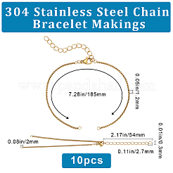 10個 304ステンレススチールベネチアンチェーン/ベニスチェーンブレスレット作り  カニカンとアズキチェーンエクステンションチェーン付き  ゴールドカラー  7-1/4インチ（18.5cm）&nbsp;AJEW-BBC0002-10