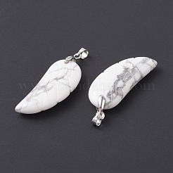 天然石ハウライトペンダント  プラチナメッキ真鍮ループ付き  ウイング  36x15~16.6x6.5~7.7mm  穴：5x4mm&nbsp;G-I314-01P-09