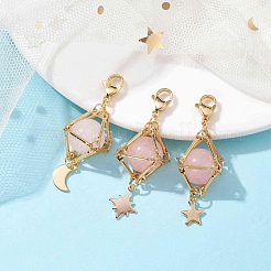 Natural Rose Quartz Brass Pendant Decorations&nbsp;HJEW-JM01817-01