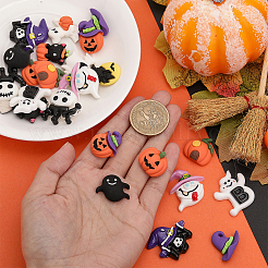 ハロウィン不透明樹脂カボション28個、14スタイル  アクリル両面接着剤ポイントドット50個付き。  カボチャとゴーストとスカル  混合図形  ミックスカラー  18.5~27x15.5~30x5~8mm  2個/スタイル&nbsp;RESI-CA0001-60