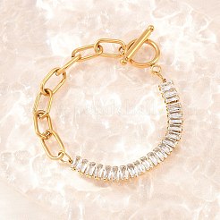 304ステンレススチールパヴェクリアキュービックジルコニアリンクブレスレット  女性用ペーパークリップチェーンブレスレット  長方形  イオンプレーティング（ip）  長持ちメッキ  ゴールドカラー  6.69インチ（17cm）&nbsp;BJEW-D460-10G