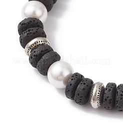 Flat Round Natural Lava Rock & Shell Pearl Beaded Stretch Bracelets for Women&nbsp;BJEW-JB12140-01