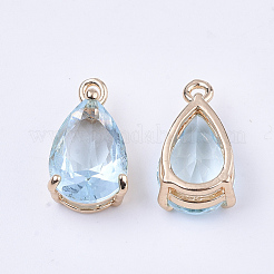 クリアガラスチャーム  真鍮パーツ  多面カット  ティアドロップ  ライトゴールド  淡いターコイズ  15x8x6mm  穴：1.2mm&nbsp;X-GLAA-T007-11C