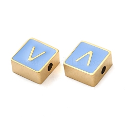 304ステンレススチールエナメルビーズ  14KGP本金メッキ  文字のある正方形  V字  8x8x4mm  穴：2mm&nbsp;STAS-L022-293G-V
