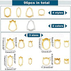 96個、24種類のスタイルの真鍮製オープンバックベゼル、縫い付け式プロングセッティング  先のとがったラインストーンの爪のセッティング  混合図形  プラチナ·ゴールデン  4個/スタイル&nbsp;KK-CA0003-16
