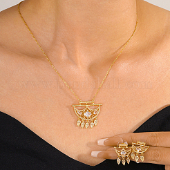 Brass Micro Pave Clear Cubic Zirconia Crescent Moon Tassel Pendant Necklaces and Stud Earrings Sets for Women&nbsp;PB9460