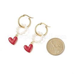 シェルパールビーズリング、アロイハートダングルフープピアス  女性用ゴールドブラスロングドロップイヤリング  レッド  53mm  ピン：0.6mm&nbsp;EJEW-TA00172