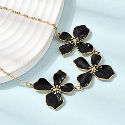 304 Stainless Steel Enamel Black Flower Bib Necklaces for Women&nbsp;NJEW-P352-01G