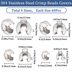 240個4スタイル304ステンレススチールクリンプビーズカバー  ステンレス鋼色  6.5x5.8mm  穴：1.8mm  60個/スタイル&nbsp;STAS-CN0001-67