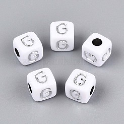 不透明なアクリルビーズ  文字付きのキューブ  シルバーライン入り  文字g  9~10x9~10x9~10mm  穴：4mm  約625個/500g&nbsp;SACR-T035-03G