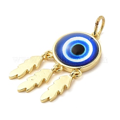18KGP本金メッキ真鍮チャーム  アクリルと丸カン付き  ナザールボンジュウチャーム付きフラットラウンド  ブルー  30.5x14x5mm  穴：3.4mm&nbsp;KK-A198-02G-01