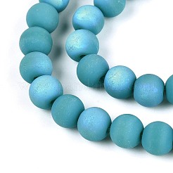 曇った不透明なガラスビーズの連売り  ラウンド  半分メッキ  ABカラーメッキ  ダークターコイズ  6~6.5mm  穴：0.9mm  約67~70個/連  14.57~15.16インチ（37~37.5cm）&nbsp;GLAA-T032-P6mm-MBB13A