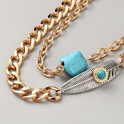 Zinc Alloy & Synthetic Turquoise Leaf Nugget Link Chain Double Layer Bag Decorative Chains&nbsp;AJEW-SZC0007-12