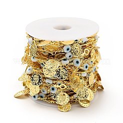 ガラス フラット ラウンド エナメルナザールボンジュウビーズ チェーン付き  本物の 18k 金メッキ真鍮コイン チャーム チェーン リンク チェーン付き  鉛フリー＆カドミウムフリー  ハンダ付け  スプールで  ホワイト  19x6x3mm  13x5x1mm&nbsp;CHC-G017-23G-03