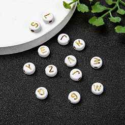 メッキアクリルビーズ  ライン入り  水平穴  混合文字  フラットラウンド  黄金メッキ  7x4mm  穴：1.8mm&nbsp;PACR-YW0001-08G