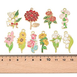 10個10スタイルアロイエナメルペンダント  花の形のチャーム  ゴールドカラー  ミックスカラー  29~33x12~22x1.5mm  穴：2mm  1個/スタイル&nbsp;ENAM-L054-01G
