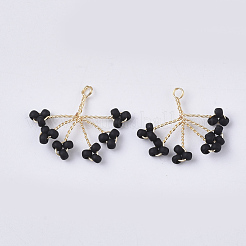 ガラスシードビーズワイヤーラップペンダント  金メッキ真鍮線付き  ツリー  ブラック  15~16x18~21x2~3mm  穴：1.2mm&nbsp;FIND-S321-06A