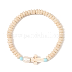 Religion Synthetic Turquoise Cross & Rondelle Natural Petrified Wood & Round Dyed Howlite Beaded Stretch Bracelets&nbsp;BJEW-JB14421