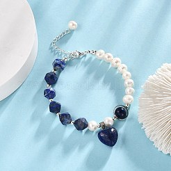 天然ラピスラズリのハートチャームブレスレット、天然パールビーズチェーン付き女性用  7-5/8インチ（19.4~19.5cm）&nbsp;BJEW-TA00255-01