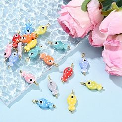 手描きの水玉模様の魚の磁器製ペンダント 10個  ゴールデントーン鉄パーツ  緑黄  29mm  穴：2.2mm&nbsp;PALLOY-YW00115-01