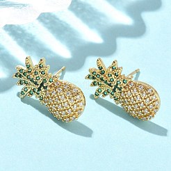 パイナップル真鍮マイクロパヴェキュービックジルコニアスタッドピアス  パヴェクラスターイヤリング  鉛フリー＆カドミウムフリー  長持ちメッキ  18KGP本金メッキ  18.5x11.5mm&nbsp;EJEW-A132-09G