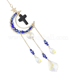 Cross Synthetic Turquoise & Brass Moon Suncatchers&nbsp;HJEW-JM05019