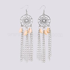 カウリーシェルダングルピアス  合金パーツ  真鍮チェーン＆ピアスフック  羽付きネット/ウェブ  アンティークシルバー＆プラチナ  124~125mm  ピン：0.8mm&nbsp;EJEW-JE02958