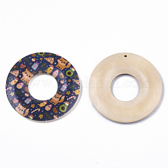 印刷された木製のペンダント  猫柄のドーナツ  マリンブルー  45x5mm  穴：1.6mm&nbsp;WOOD-S045-104A
