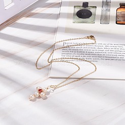 天然赤瑪瑙と真珠の編み込みクロス ペンダント ネックレス  女性用304ステンレススチールワイヤーラップジュエリー  17.72インチ（45cm）&nbsp;NJEW-JN03920-03