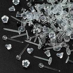 320個4スタイルの環境に優しいプラスチックスタッドピアスのパーツ  ラウンド＆フラットラウンド  150個のプラスチック製イヤーナット付き  ブラック＆クリアー  11.5~15x3~4.5mm  ピン：0.8~0.95mm&nbsp;KY-FS0001-18