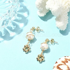 ナチュラルパールダングルスタッドピアス  女性用真鍮ワイヤーラップイヤリング  18KGP本金メッキ  37x11mm&nbsp;EJEW-JE05304